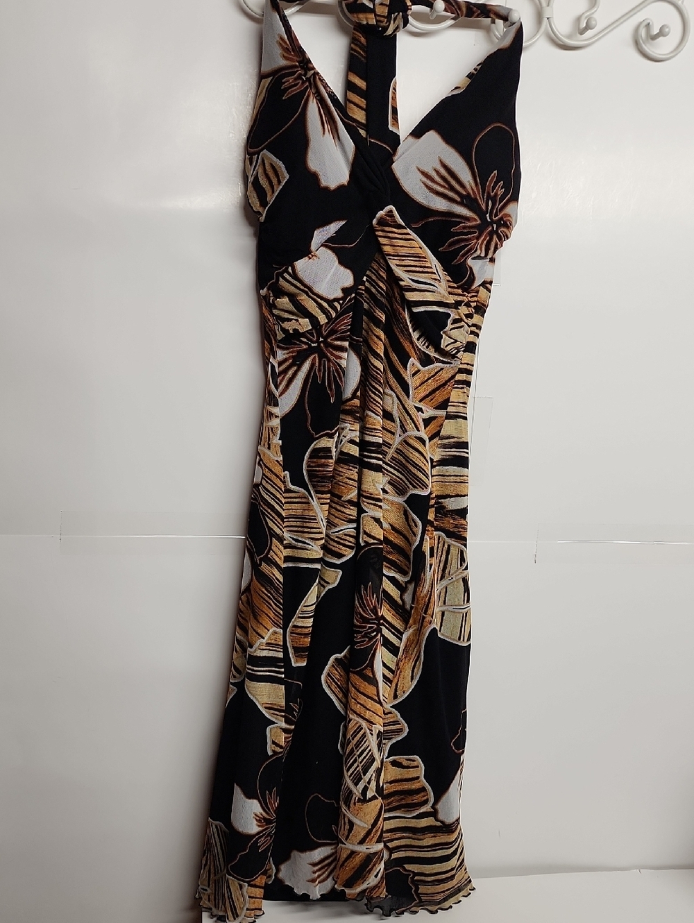 Cache Vintage Black Sexy Floral Halter Dress with Tan and Cream Accents Size 8